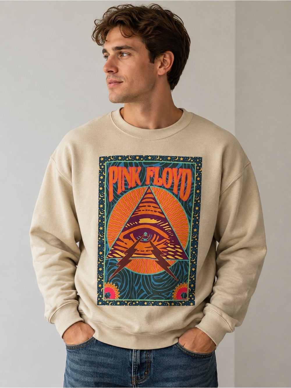 Men’s Pink Floyd Beige Crewneck Sweatshirt with Multicolor Graphic